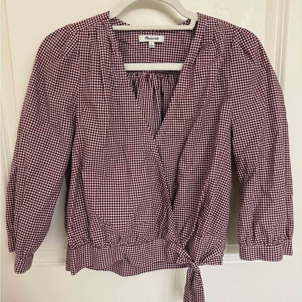 Madewell Burgundy Checkered Wrap Blouse